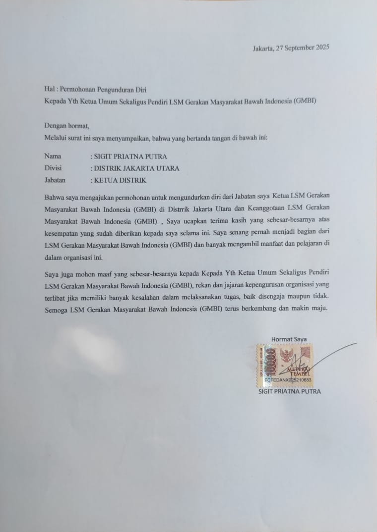 Surat pengunduran diri Sdr. Sigit Priatna Putra. 
