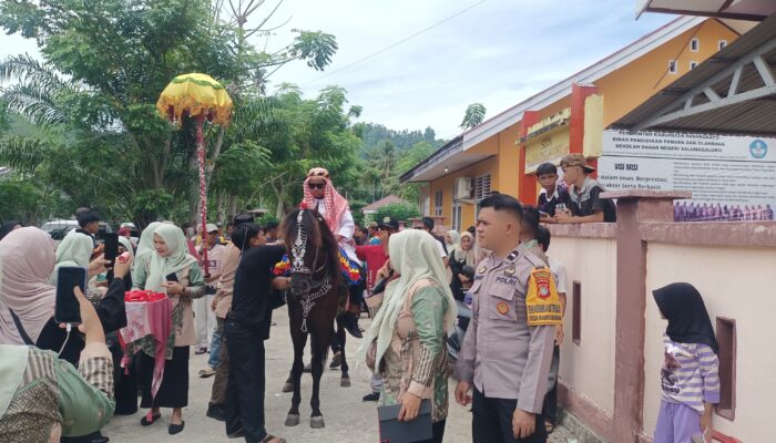 Meriah dan Aman, Bhabinkamtibmas Kawal Iring-Iringan Kuda Sayyang Pattuddu’ di Bambalamotu